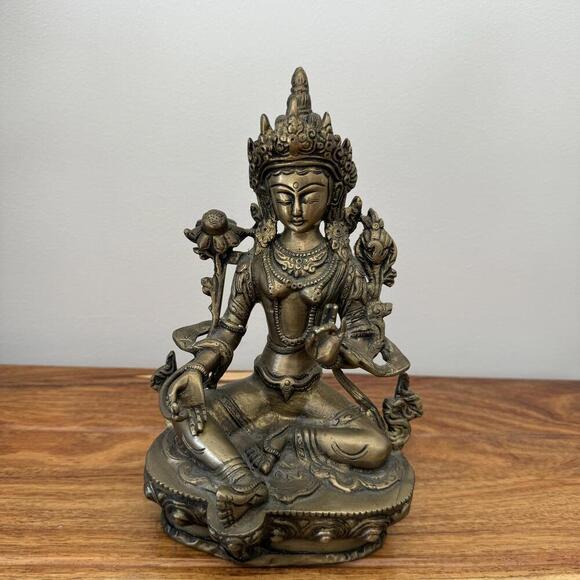 Solid Brass Antique Finish Tara Female Buddha Statue - Serene Spiritual Decor - Picture 8 of 8